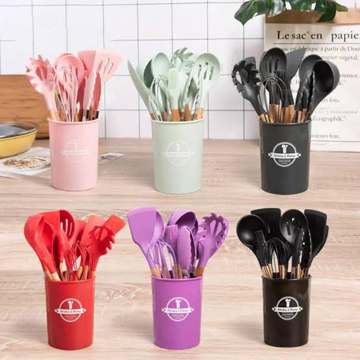 Silicone Kitchen Spoon Set + Holder – Durable, Hygienic & Scratch-Free