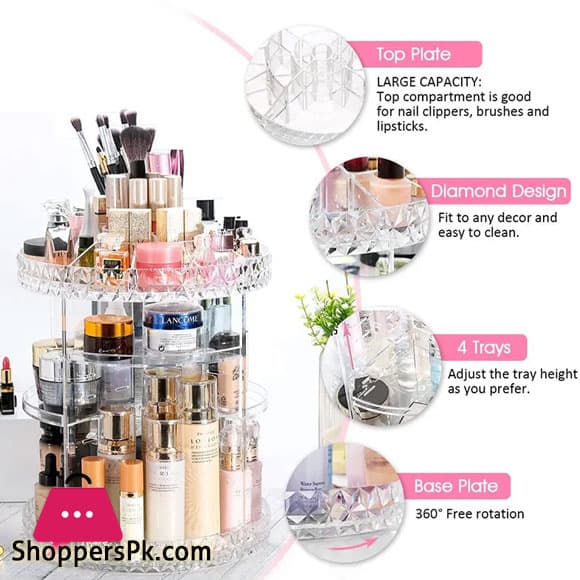 360° Rotating Diamond Acrylic Organizer – Large Capacity Makeup & Skincare Storage