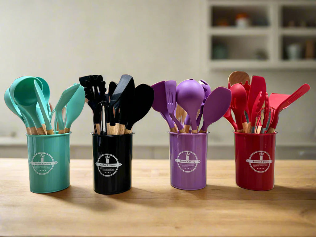 Silicone Kitchen Spoon Set + Holder – Durable, Hygienic & Scratch-Free