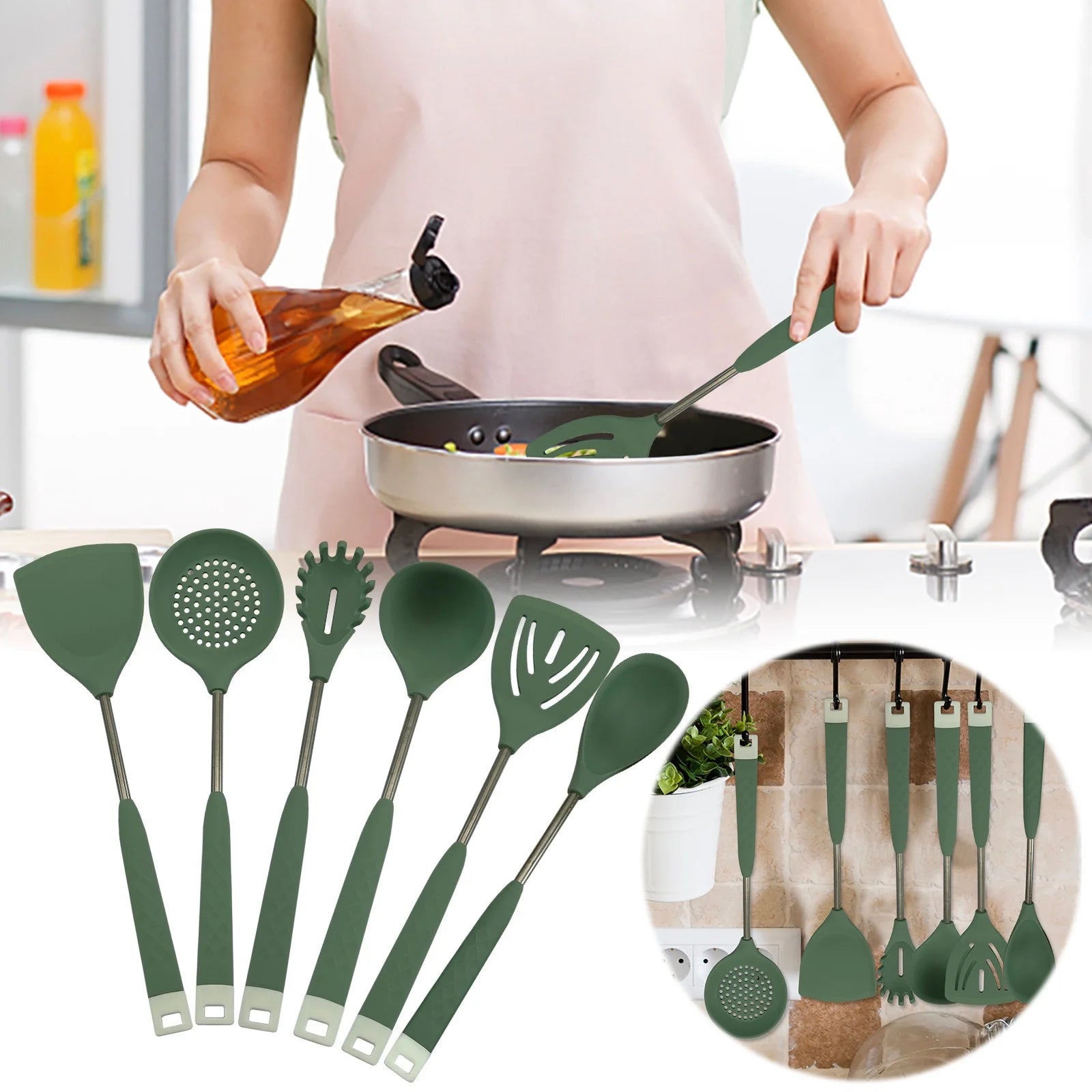 Silicone Kitchen Spoon Set + Holder – Durable, Hygienic & Scratch-Free